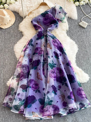 Ingvn  Spring Floral Series Holiday Dr Women's Summer High Waist Slim Fit Sexy Strapl Midi Length Belted Gown Korean Sle