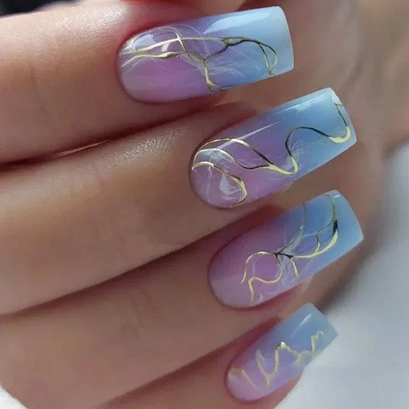 Ingvn  24Pcs Simple Blue French Fake Nails with Diamond Love Pattern Design False Nails Press on Mid-length Ballet Full Cover Nail Tips