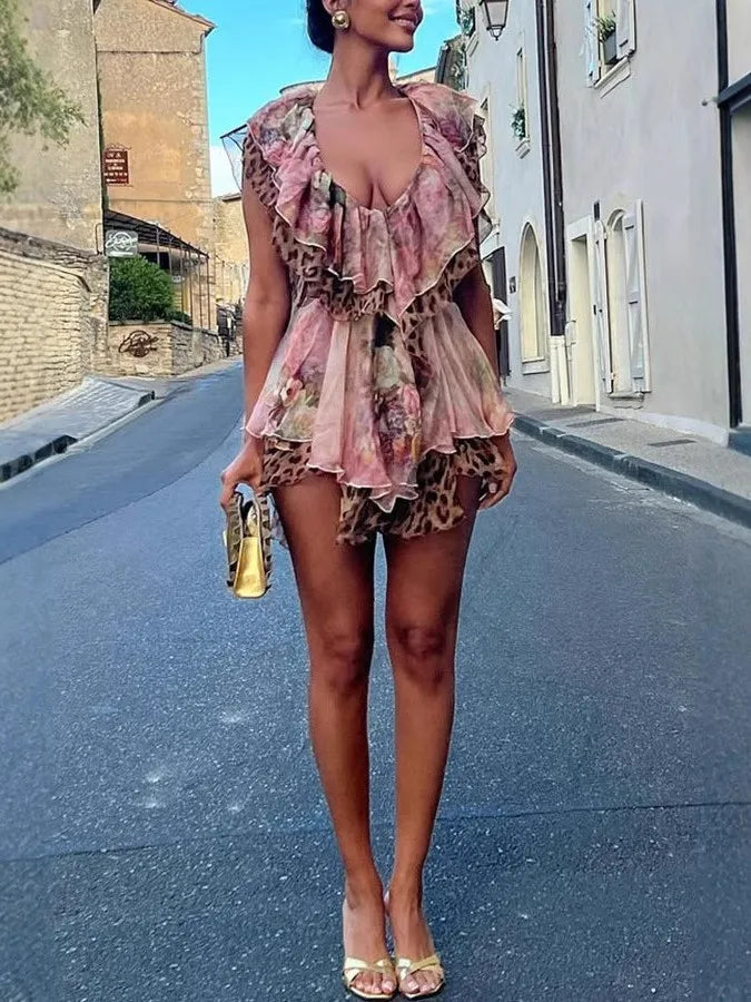 Ingvn  Summer Women's Clothing Sleeveless V Neck Floral Print Short Dress For Woman Sexy Ruffle Hem Polyester Bodycon Mini Skater