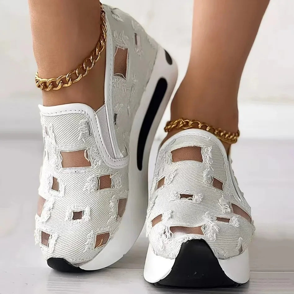 Ingvn  Women's Vulcanize Shoes Sneakers Women Slip on Casual Comfy Heeled Shoes Hole-patterned Canvas Mesh Sports Inside-heeled Sandals