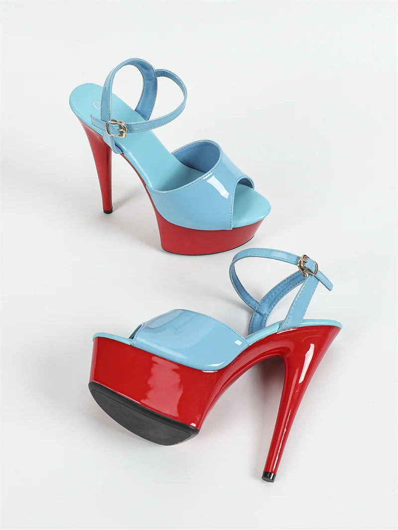 Ingvn  New Yellow Red Women Fashion Buckle Strap Platform Sandals Runway Sexy Peep Toe Super High Heels Wedding Prom Shoes