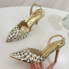 Ingvn  Elegant Pointed Toe Slingback Stiletto Sandals Crystal Diamonds Women Pumps High Heels Wedding Prom Shoes Zapatos Mujer