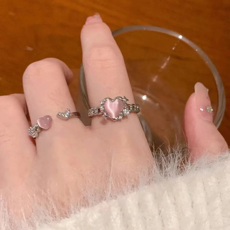 Ingvn  Fashion Trend Pink Crystal Bowknot Heart Rings Zircon Ring Y2K Shiny Zircon Rings for Women Girls Party Aesthetic Jewelry