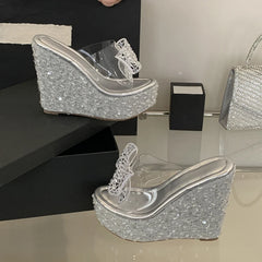 Ingvn  PVC Transparent Women Platform Slipper Fashion Crystal Rhinestone Bowknot High Heels Wedge Sandals Summer Party Dress Shoe