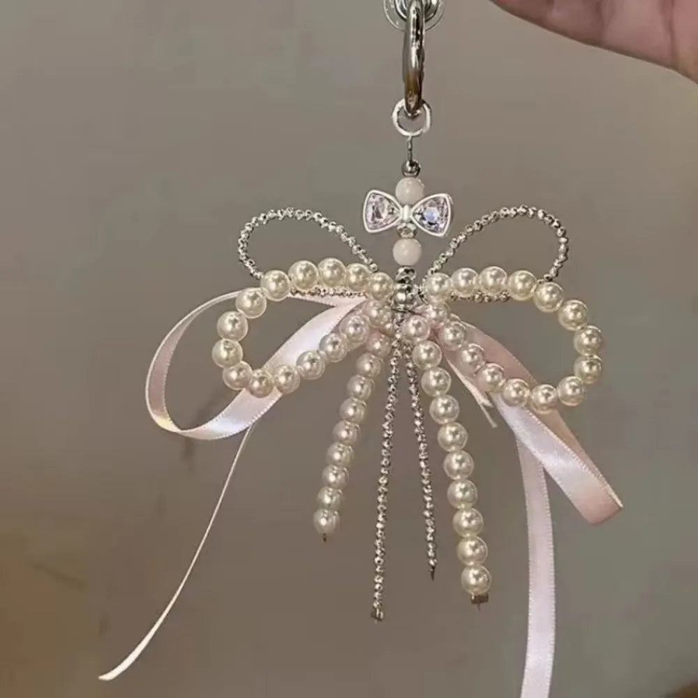 Ingvn  Fashion Pearl Bow Key Chain Silk Ribbon Pink Key Ring Aesthetic Holder