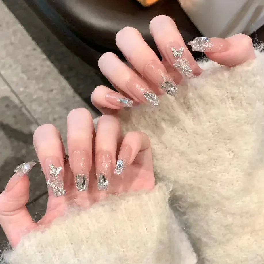 Ingvn  24Pcs Pink Ballet Fake Nails Full Cover Nail Tips Long Ballet False Nails with Rhinestone Chain Design Wearable Press on Nails