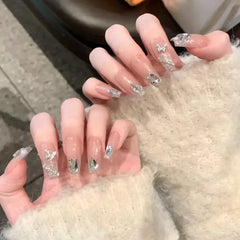Ingvn  24Pcs Pink Ballet Fake Nails Full Cover Nail Tips Long Ballet False Nails with Rhinestone Chain Design Wearable Press on Nails