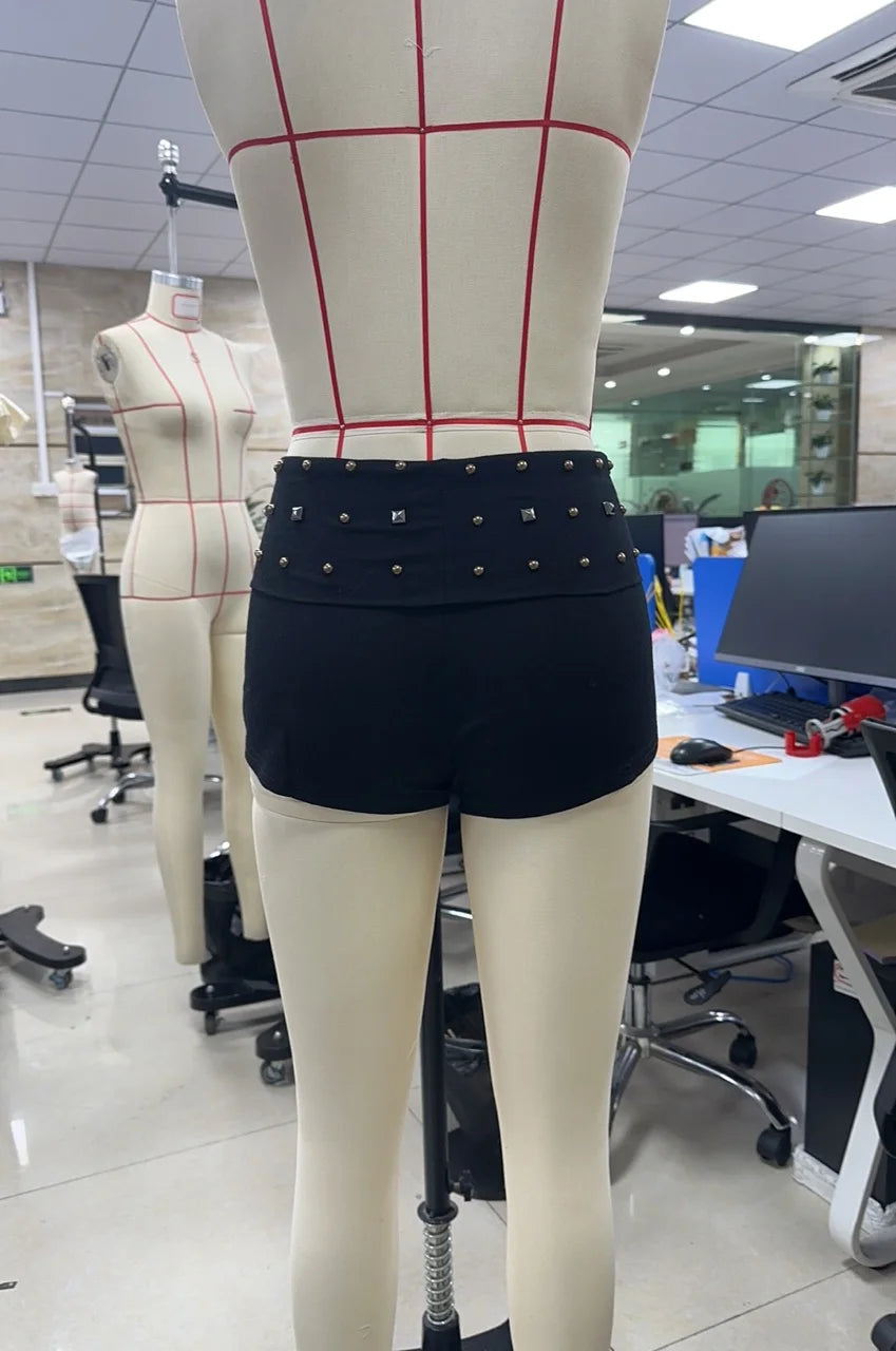 Ingvn  Women's Y2K Elastic Low Rise Studded Shorts Punk Fold Over Waist Slim Fit Skinny Goth Micro Mini Shorts Sexy Loungewear Bottoms
