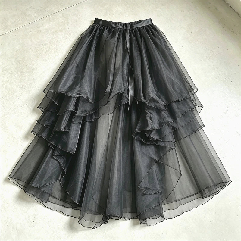 Ingvn  Women Kawaii Vintage Irregular Skirt Y2K Lolita Lace Ruffles Bow Skirt Sweet Cute Harajuku Subculture Party Fashion Skirt