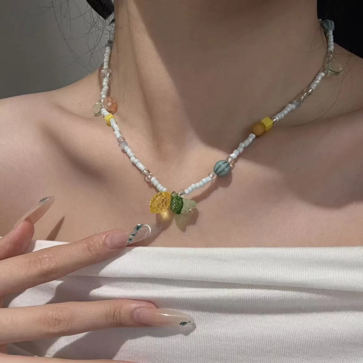 Ingvn  Bohemian Colorful Beaded Lemon Pendant Necklaces for Women Fresh Sweet Plant Necklaces Vacation Girls Party Jewelry Accessories