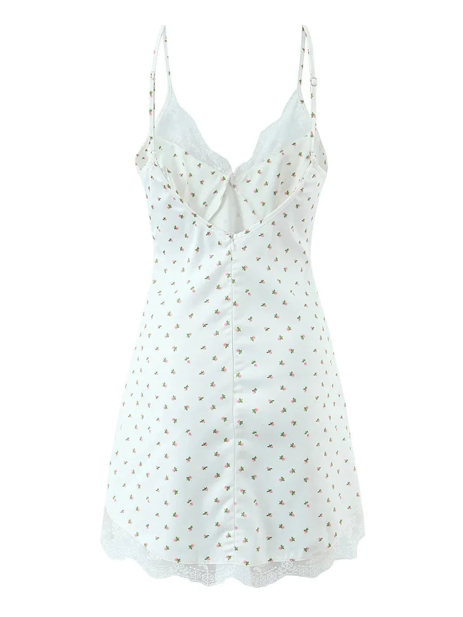 Ingvn  White Cozy Homewear Lace Trim Polka Dot Mini Slip Dress for Women Slim Satin Fabric Nightgown for Pajama Parties