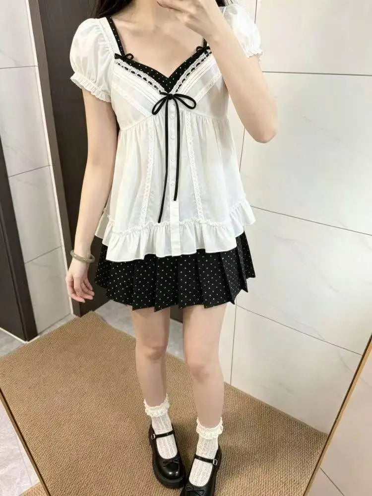 Ingvn  Kawaii Harajuku 3 Piece Set Women Gothic Lolita Lace Shirt Slim Y2K Skirt Aesthetic Korean Fashion Suit Chic