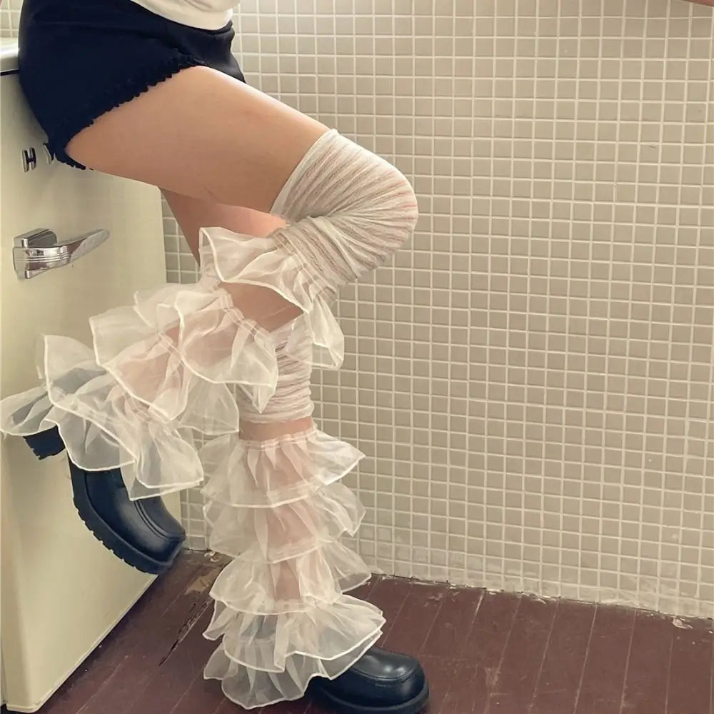 Ingvn  Lace Ruffles Lace Leg Warmers Mesh Design Comfortable Fit Over The Knee Socks Multi-layer Soft Stretchy Stacked Socks Women Girl