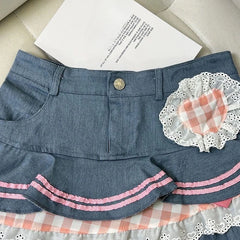 Ingvn  Preppy Style Lolita Kawaii Skirts Japanese Sweet Mini Women Harajuku Cute Ball Denim Y2K High Waist Lace Cake Skirts