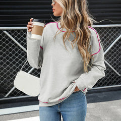 Ingvn - Women Crew Neck Contrast Piping Loose Sweatshirt Casual Long Sleeve Daily Pullover Top