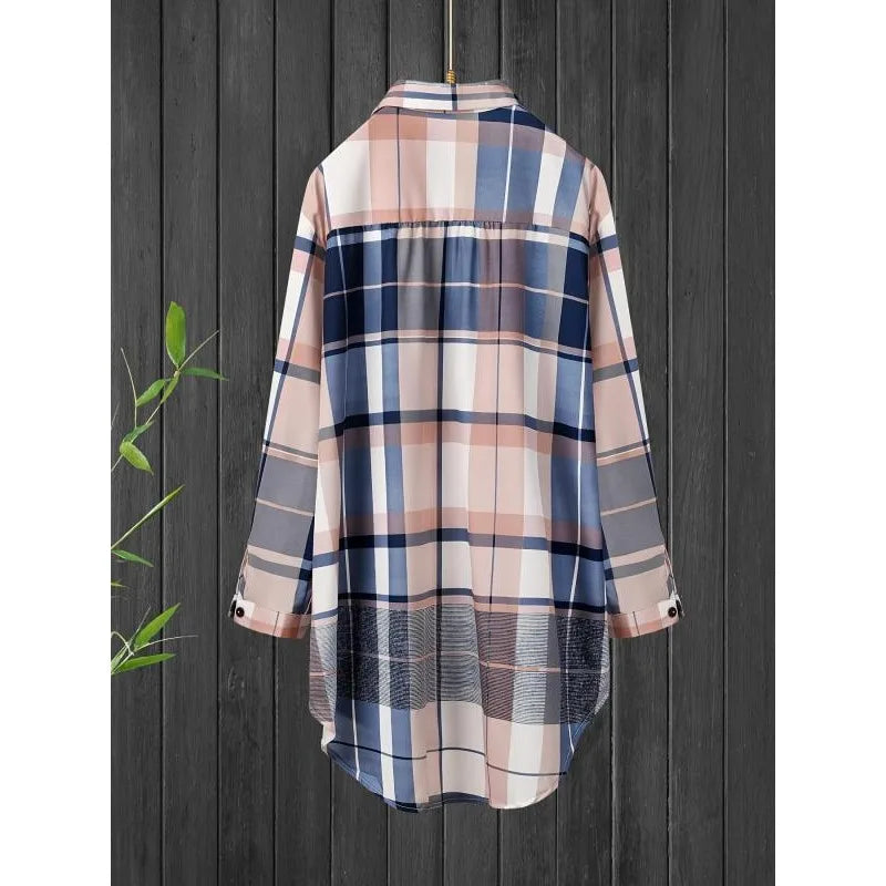 Ingvn  Plus Size 1XL-5XL Women‘s Mid Length Plaid Print Women Autumn Shirts Casual Female Fashion Long Sleeve Single-breasted Blouses ﻿