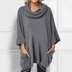 Ingvn  New Autumn Winter Style European American Loose Slouchy Turtleneck High Neck Pocket Pullover Long Sleeve Comfortable Top Women