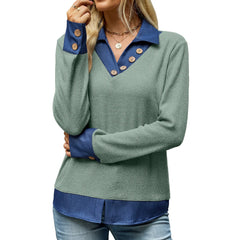 Ingvn  Autumn Women's Collared 2 In 1Pullover  Long Sleeve Button Top |buttoned Cuffs Shirttail Hem Color Collar Top Casual Pullove