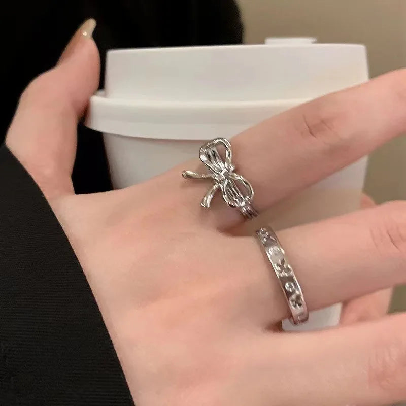 Ingvn  Fashion Trend Pink Crystal Bowknot Heart Rings Zircon Ring Y2K Shiny Zircon Rings for Women Girls Party Aesthetic Jewelry