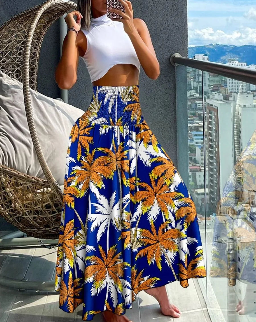Ingvn  Fashion Cotton Women Floral Print Skirt Side Tie Beach Skirts Summer High Waist Wrap Flower Long Skirt