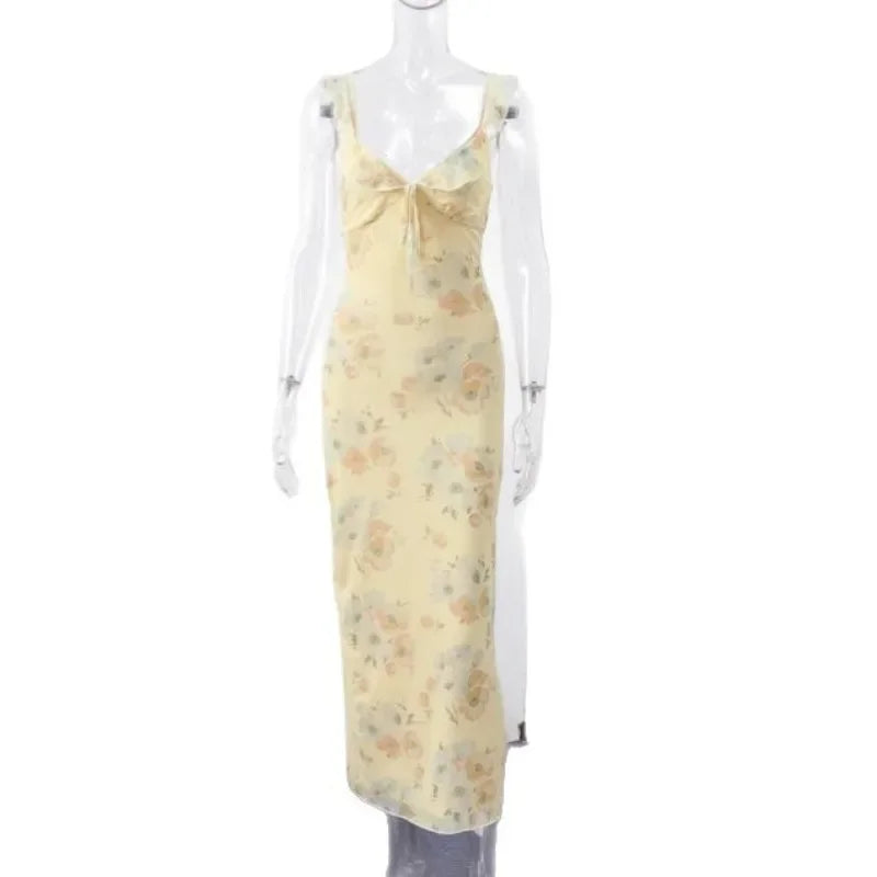 Ingvn  Summer Flower Printed Women's Sexy Low-cut Dress Sleeveless Backless Slim Sling Dresses Beach Vacation Lady Vestidos