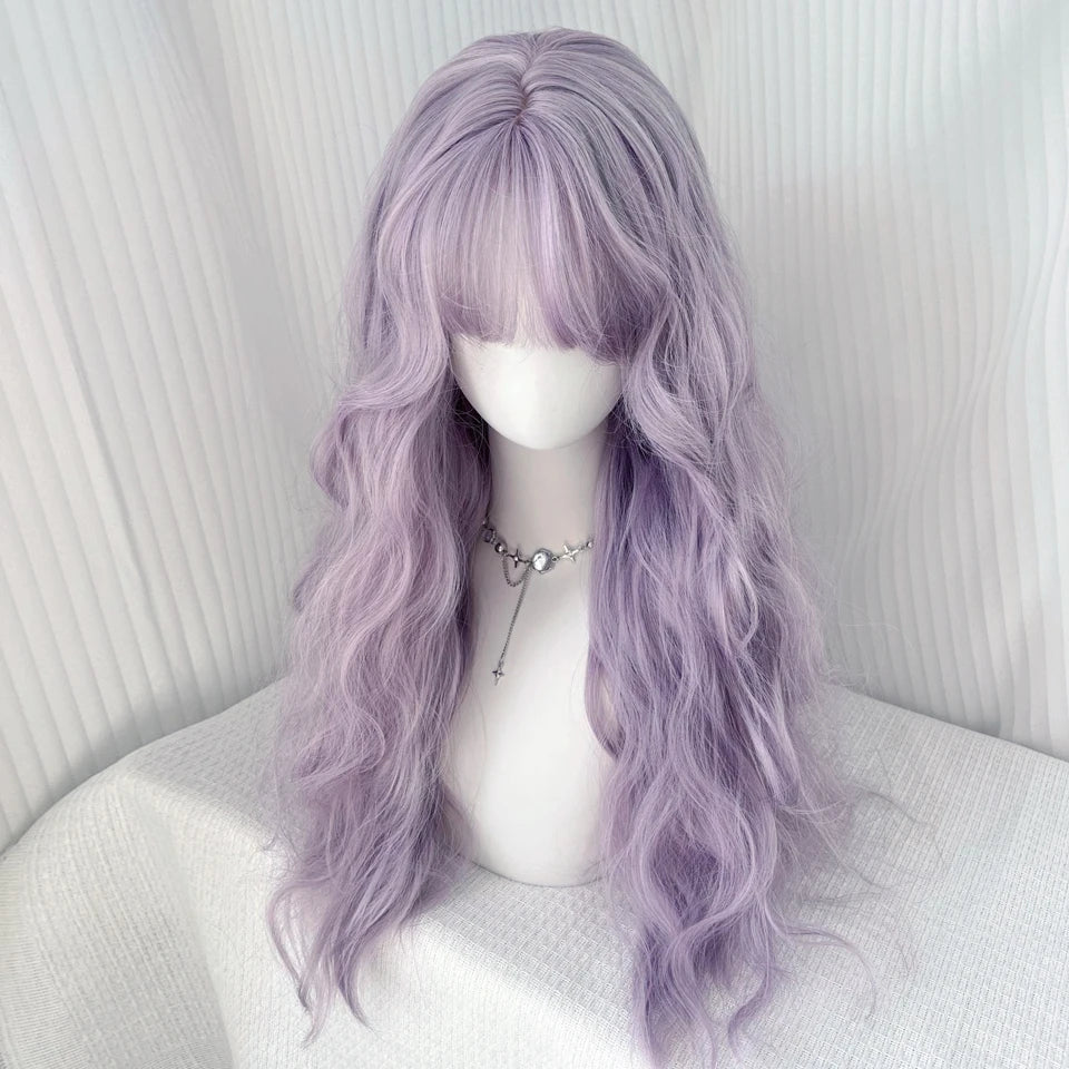 Ingvn  Long Wavy Grey Purple Wig Synthetic Natural Looking Lolita Cosplay Wig Halloween Costume Party Wig for Women Daily Wear