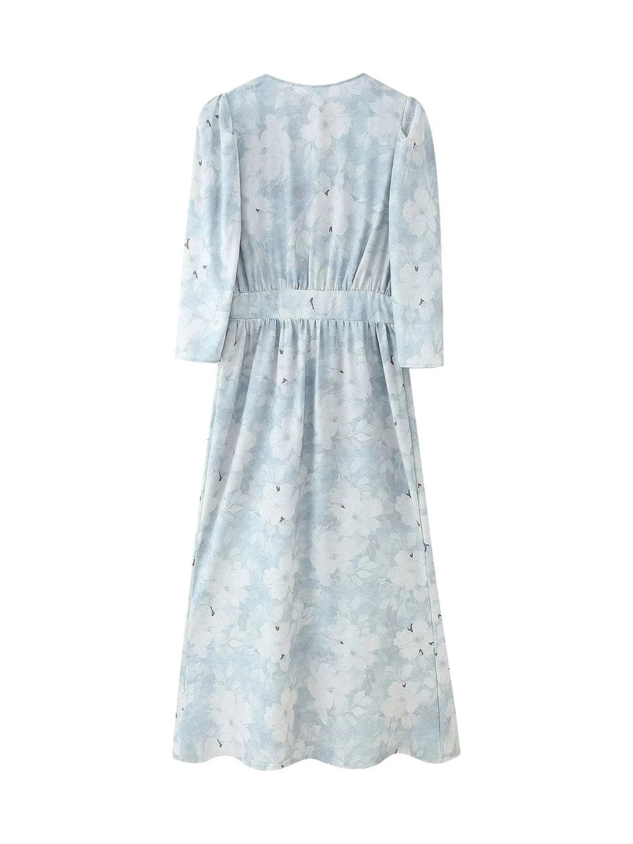 Ingvn  Vintage Printing Dresses for Women Deep Neck Shoulder Pad Wrist Sleeves High Waist Temperament Midi Dress Female