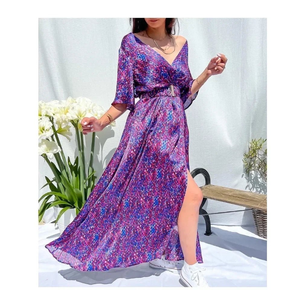 Ingvn  Latest Popular Style Women's Fashionable Temperament V-neck Belt Printed Dress Women's Fashionable Multi-color Long Dress