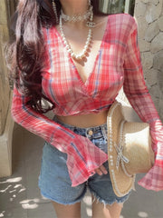 Ingvn  Slim Fit V-Neck  Shirt Sexy Belted Waist Bell Sleeve Holiday Checkered Top Women's Fashion Polyester Fiber Long Sleeve