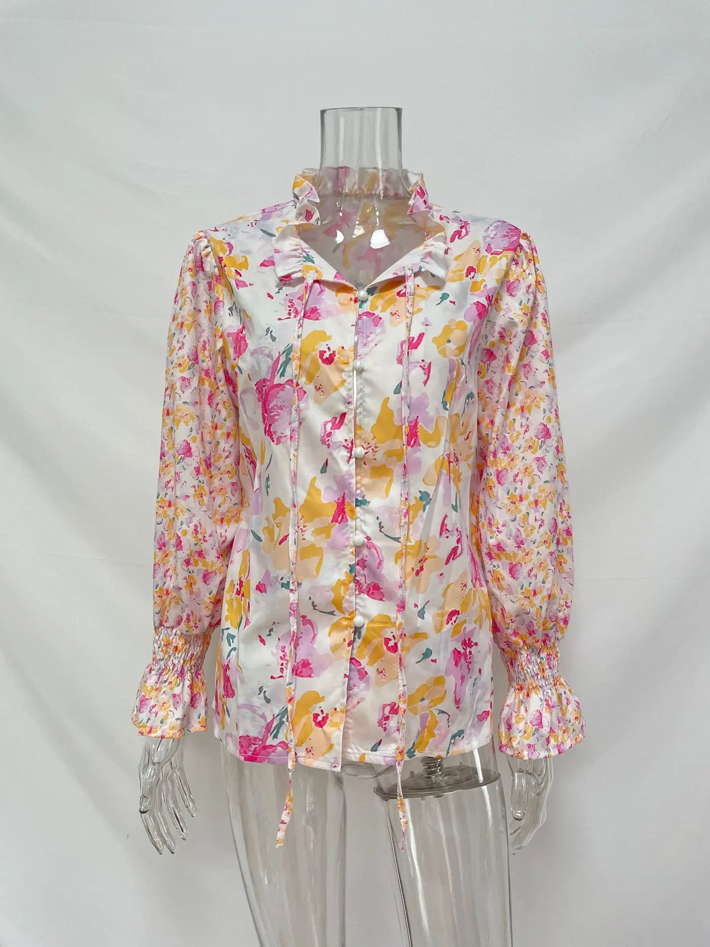 Ingvn - Women's Summer Floral Print V Neck Long Sleeve Blouse Ruffle Cuff Button Down Casual Loose Chiffon Shirt