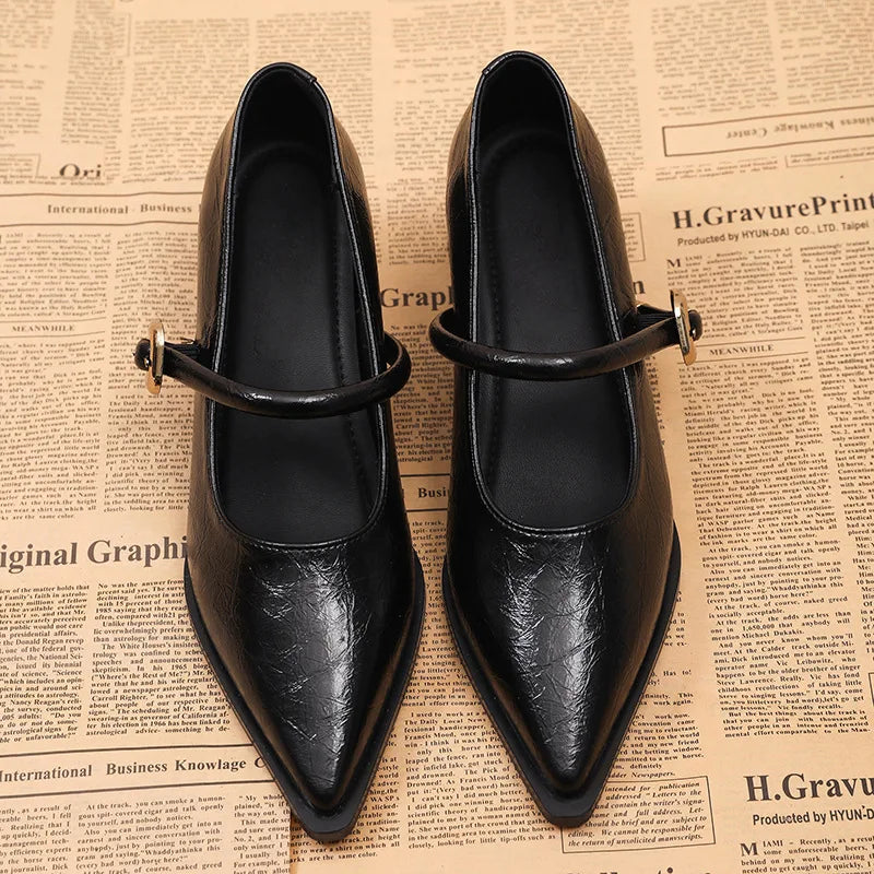 Ingvn  Designer Vintage Pointed Toe Women Mary Jane Shoes Fashion Shallow Buckle Shoes Spring Ladies Elegant Dress Thick Heel Shoes