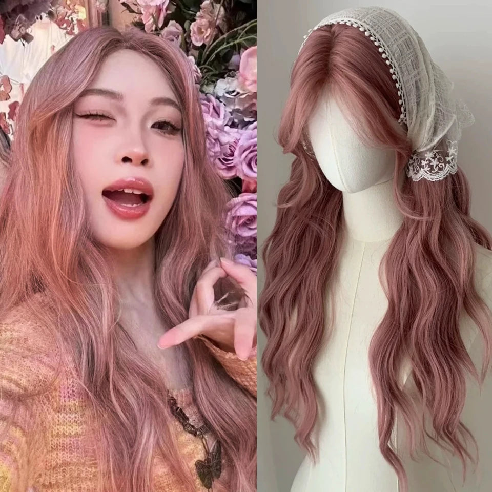 Ingvn  ﻿Long Wavy Ombre Pink Lolita Wig Synthetic Natural Cosplay Small Area Lace Wig Halloween Party Costume Wig for Women Daily Wear