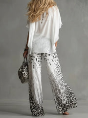 Ingvn  Summer Chiffon Outfits Woman Matching Two Piece Set for Women Solid Color Bating Sleeve Top & Leopard Print Wide Leg Pant