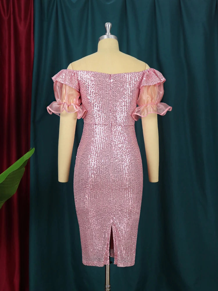 Ingvn  Lady Sequin Off Shoulder Prom Dress Backless Ruffle Sleeve Patchwork Pink Glitter Midi Slim Evening Occasion Party Gown Big Size
