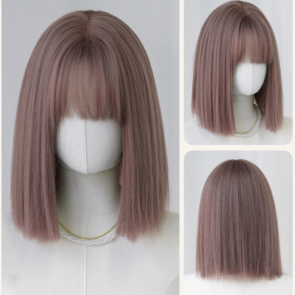 Ingvn  ﻿ Short Brown Straight Synthetic Wig with Bangs Curly Hair Pink Green Lolita Wigs for Women Daily Party Cosplay Christmas Wig