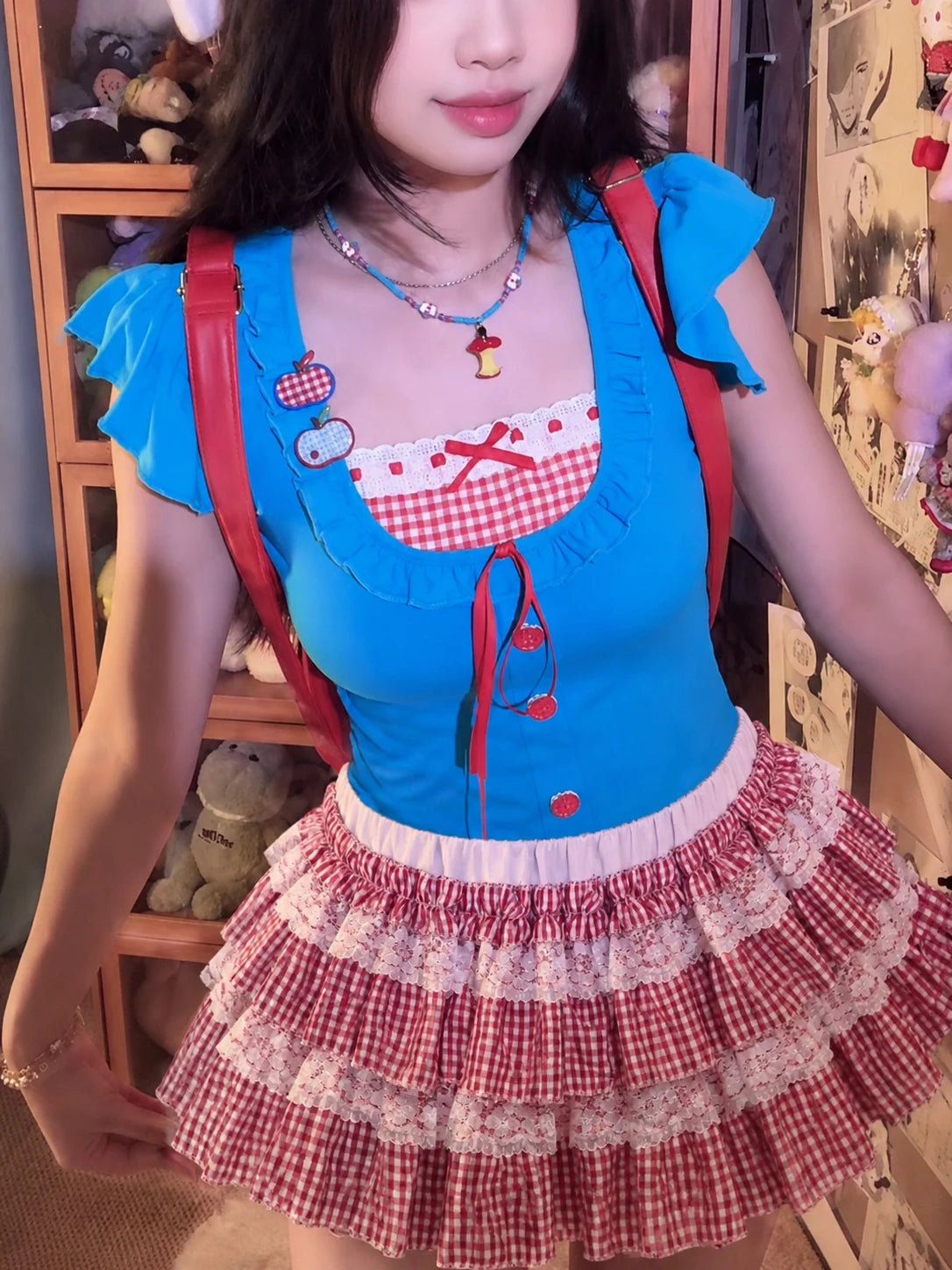 Ingvn  American Vintage Y2K 2‑Piece Sets Japanese Kawaii Crop Top Blouse and Mini Skirts Sweet Holiday Casual Outfits for Women