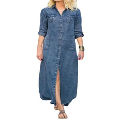 Ingvn  Women's Summer Solid Color Casual Pocket Denim Long Dress Fashionable Flip Collar Button Long Sleeve Denim Loose Long Dress