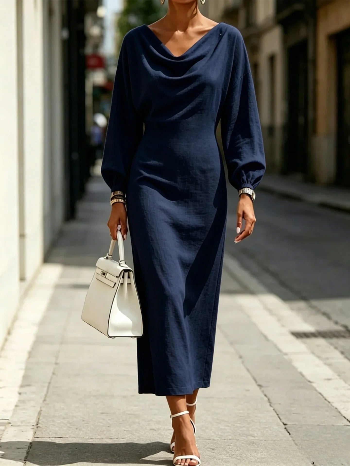 Ingvn - Street Fashion Women's Slim Fit Dress Long Sleeve Daily Wear Summer Dress Gentle Style High Waist Batwing Sleeve