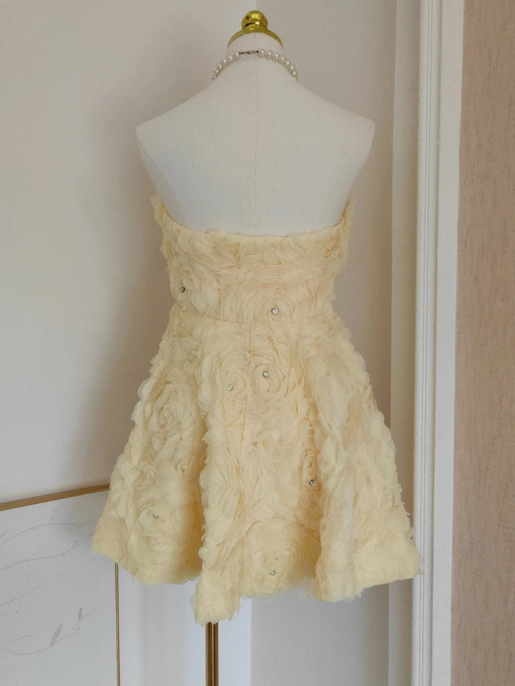 Ingvn  French Elegant Heavy Industry Socialite Birthday Party Dresses 3D Flower Diamond High Waist Slim A-line Fluffy Short Dress Women