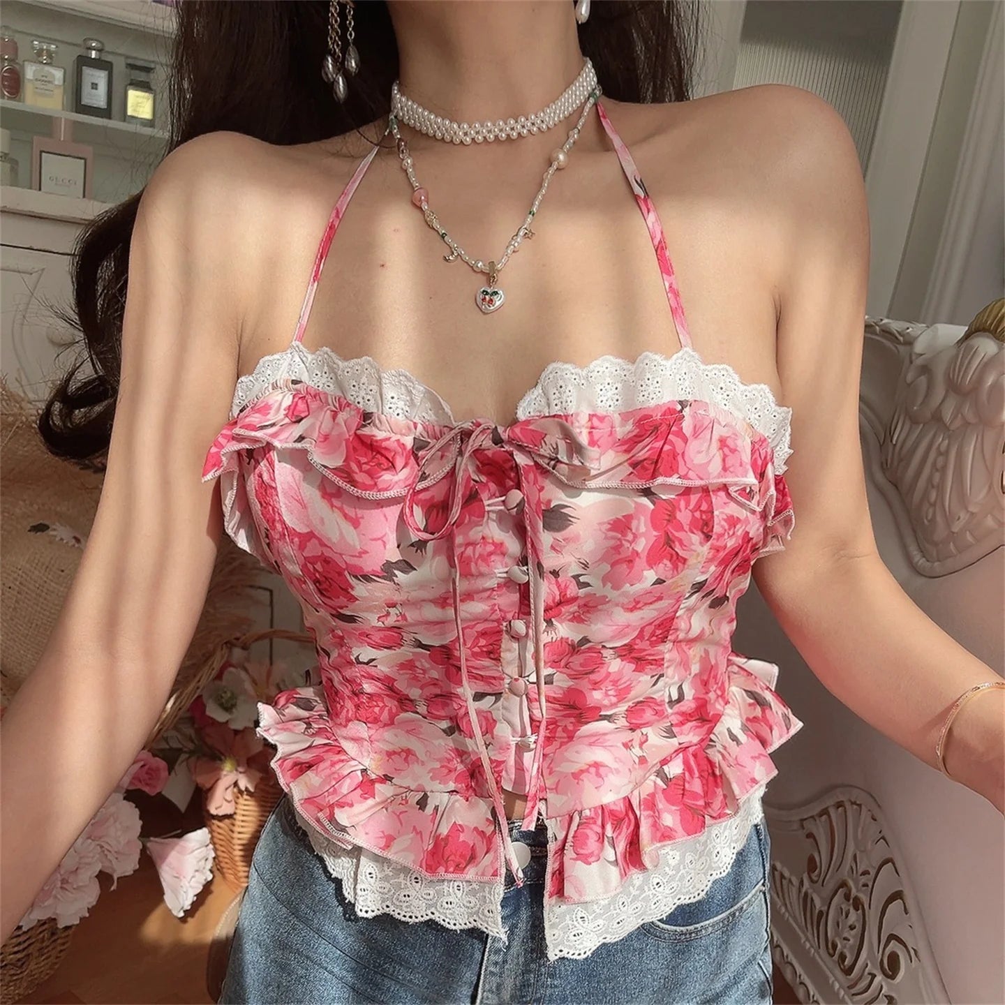 Ingvn  French Style Floral Lace Crop Top Women's Slim Fit Shirt Polyester Fiber Short Length Button Closure Neck Hanging Belted
