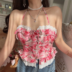 Ingvn  French Style Floral Lace Crop Top Women's Slim Fit Shirt Polyester Fiber Short Length Button Closure Neck Hanging Belted