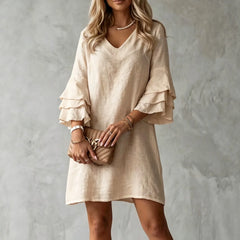 Ingvn  Women's Summer Dress Fashion Solid Color Loose Ruffled Sleeve Elegant V-Neck Simple Mini Dresses For Women Casual Clothing