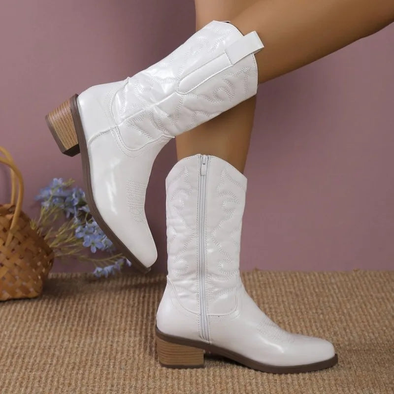 Ingvn  Fashion Mid-calf Boots Woman Side Zipper Pointed Western Cowboy Boots Retro Candy Color Women Boots Plus Size 36-43 Botas Mujer