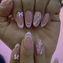 Ingvn  24Pcs Cat's Eye Design Fake Nail with Pearl Short Round Head Press on False Nails Silver French Bow Pattern Full Cover Nail Tips