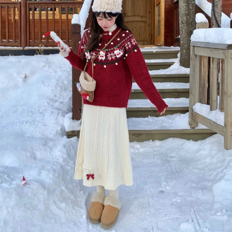 Ingvn -  Autumn Women Sweet Bow Knitted Long Skirt Solid A-line Midi Skirt High Waist Elegant Ladies Half Skirt Daily Bottoms