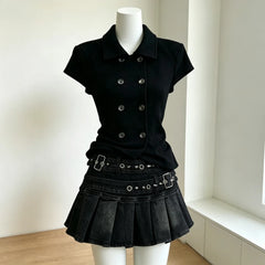 Ingvn  Summer Y2k Denim Skirt Set Vintage Black Tops Harajuku High Street Fashion 90s Sexy A-line Mini Skirt New