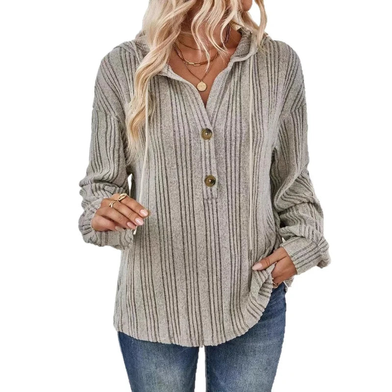 Ingvn - Women's Striped Ribbed Hooded Blouse Half Button Loose Long Sleeve Casual Daily Wear Pullover Top