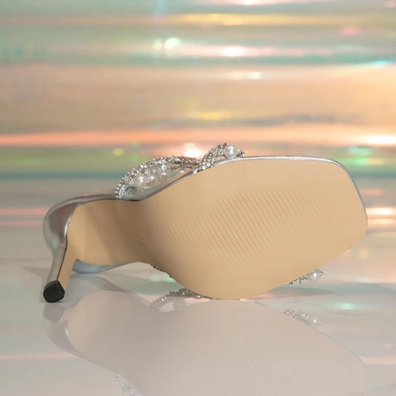Ingvn  Bling Bling Luxury Rhinestones Pearls Tassel Women Slippers Sandals Fashion Summer String Beads Stiletto High heels Party Shoes