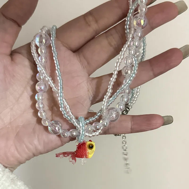 Ingvn  Kpop Goth Goldfish Pendant Necklace for Women Resin Acrylic Boho Aesthetic Charm Y2K Handmade Beads Trendy Accessory