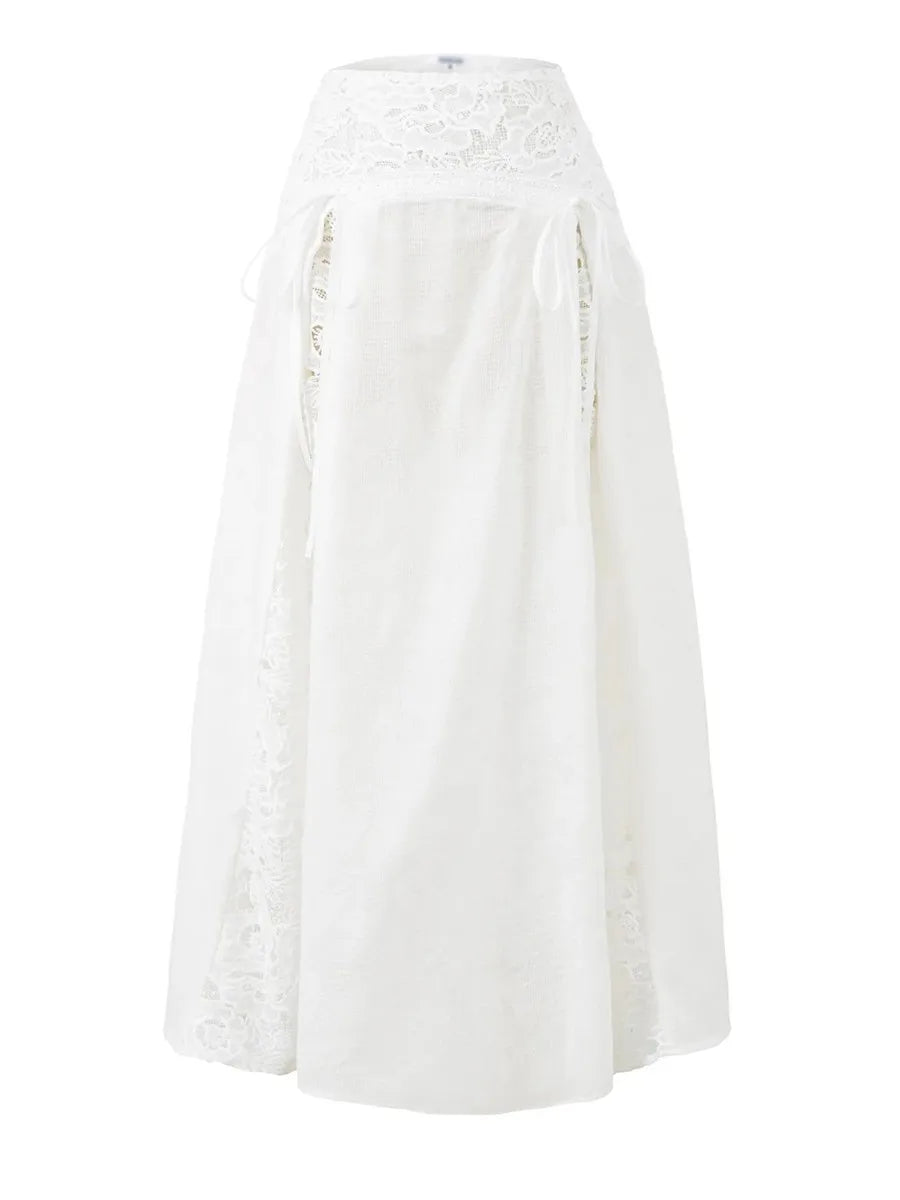 Ingvn   Beach Holiday Skirt Suit for Women Folds Tube Top High Waist Spliced Lace Long Skirt White Two Piece Set Female New